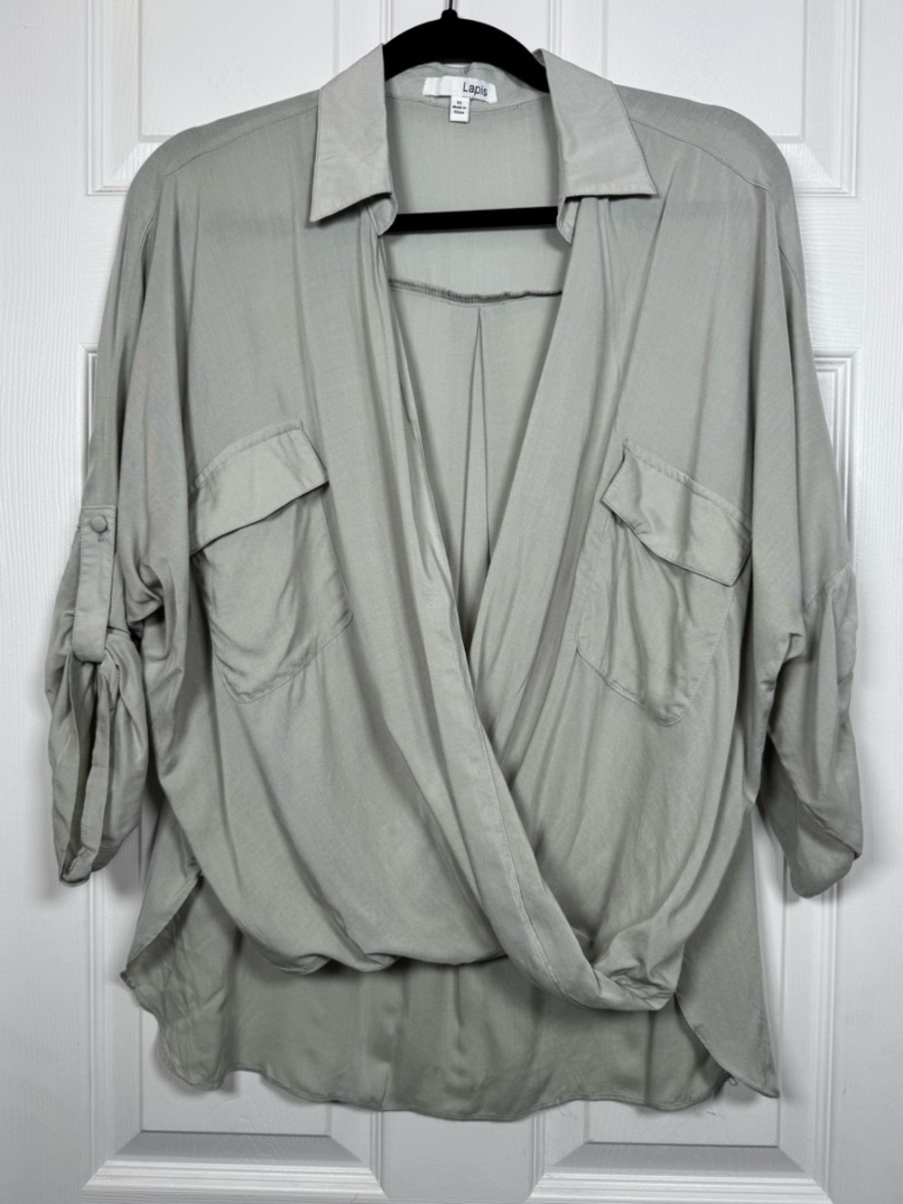 Lapis Wrap Blouse Sage Green Utility Top Roll Tab Sleeve XL